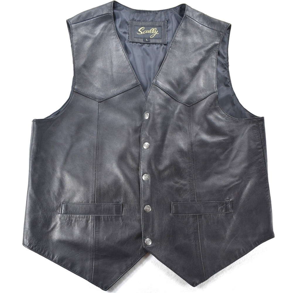 Scully Mens Black Leather Western Vest V-Neck Snap Front Size L